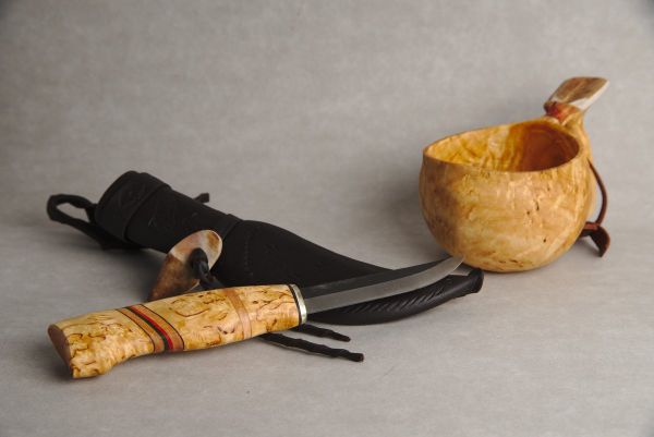 Knife with wooden handle and leather sheath and wooden cup