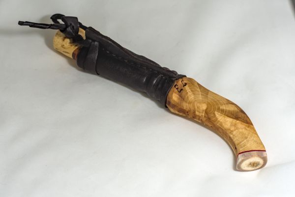 Knife with wooden handle and sheath made from wood and leather