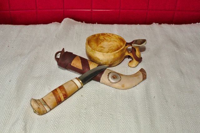 Knife with wooden handle and leather sheath and wooden cup