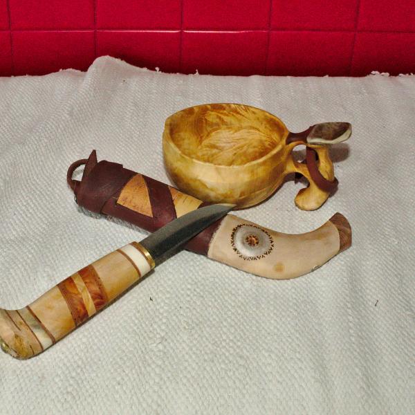 Knife with wooden handle and leather sheath and wooden cup