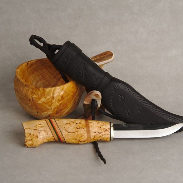 Knife with wooden handle and leather sheath and wooden cup